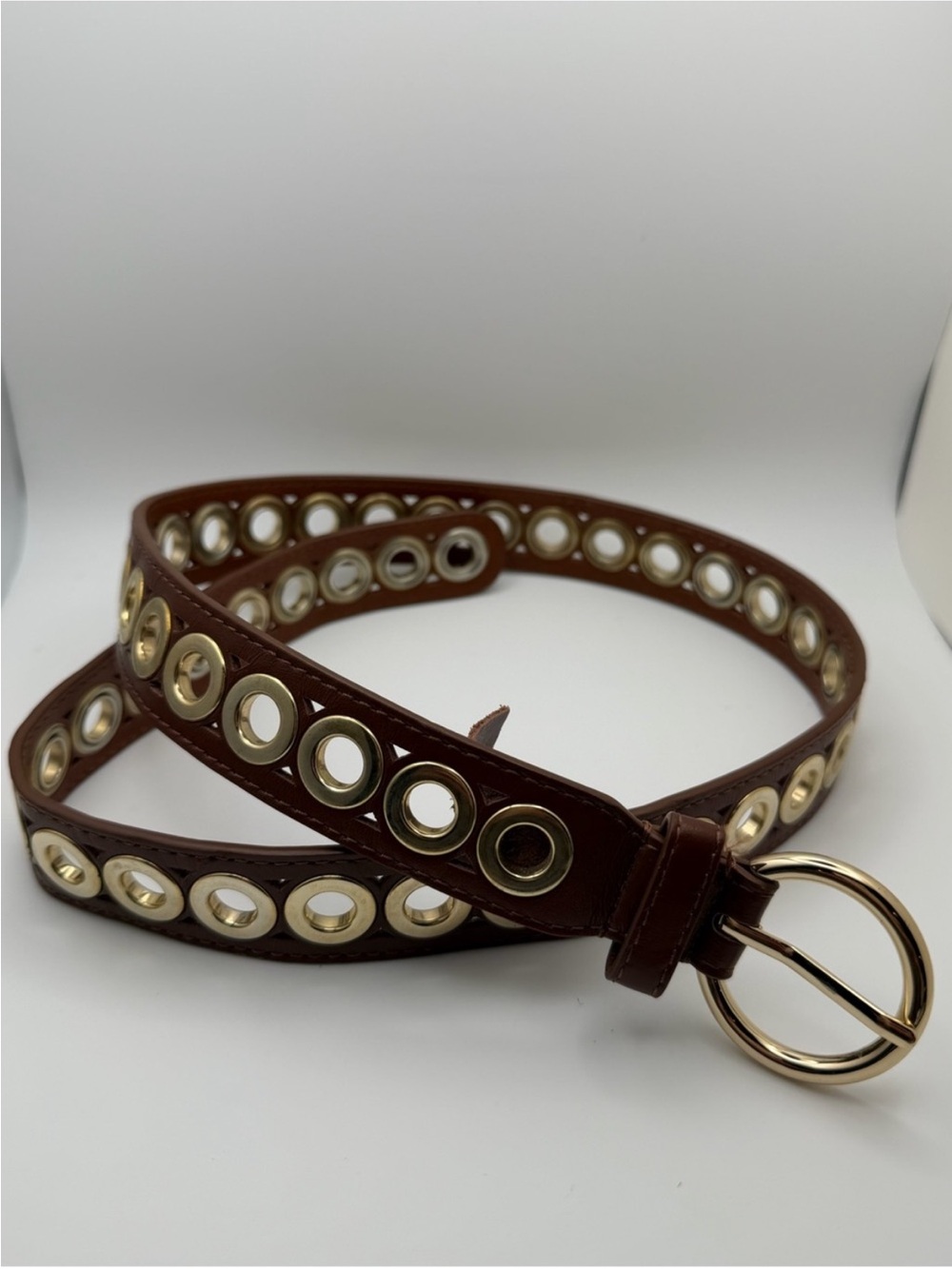 Sandro Brown Leather Grommet Belt with Gold-Tone Round Buckle - Picture 2 of 6